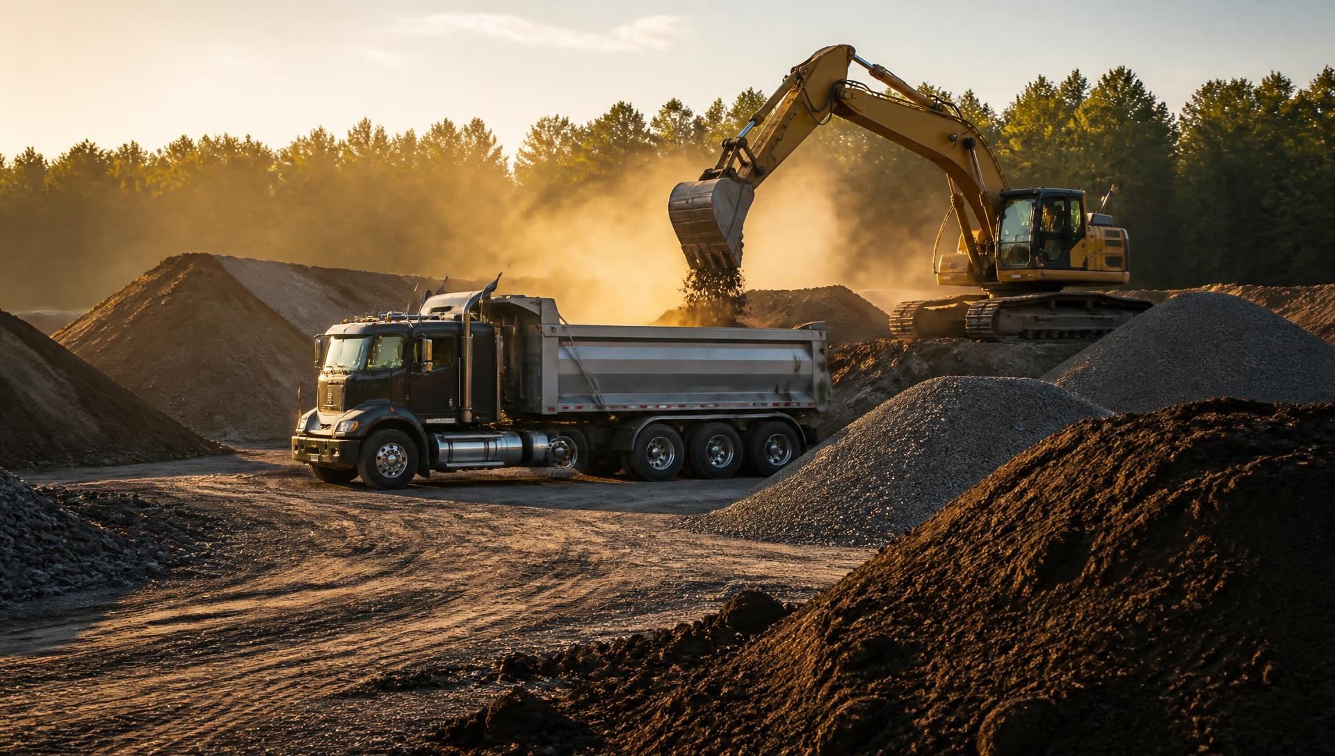 Dump truck delivering bulk stone at a New Jersey material yard